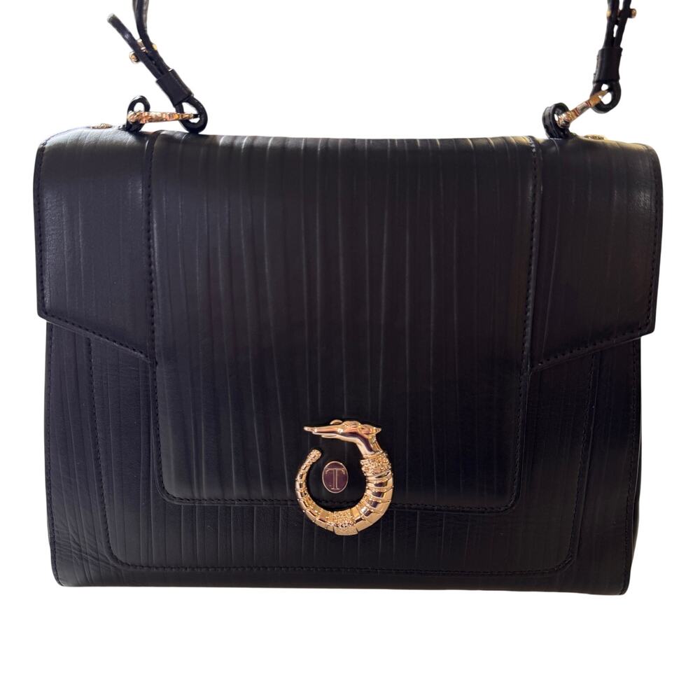 Trussardi Lovy Black Leather Handbag Satchel Bag Purse Gold Greyhound Clasp - Picture 3 of 16